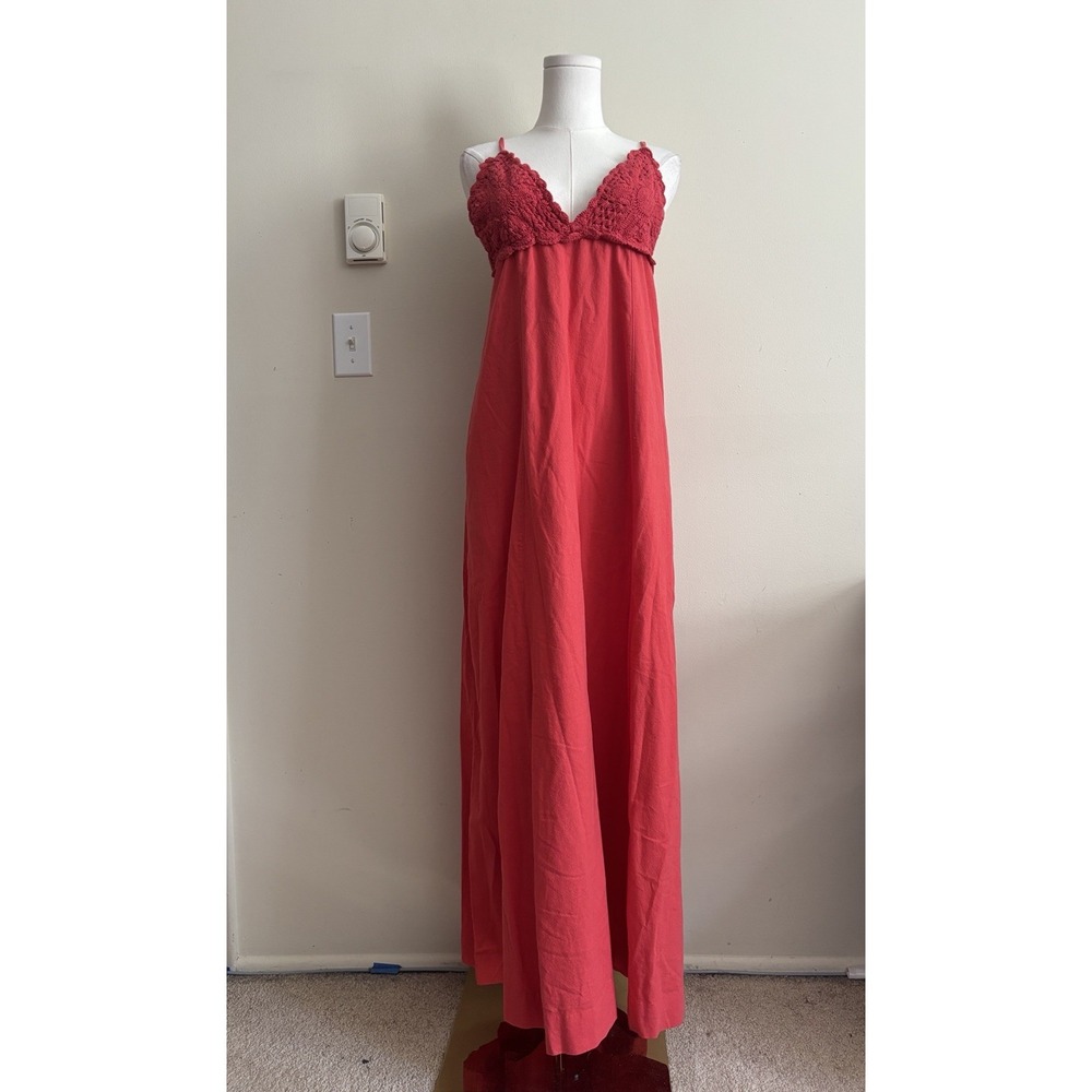 NWT Free People Maxi Dress Large Halter Top Crochet Red Cotton Pockets Boho